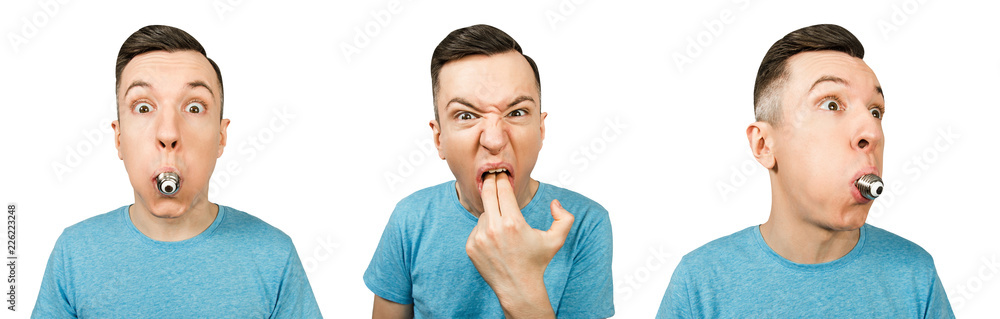 Set of portraits of young guy with bulb in a mouth isolated on a white background. Set of portraits of young guy with bulb in a mouth isolated on a white background.