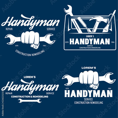 Handyman labels, badges, emblems, design elements. Tools silhouettes. Carpentry related vector vintage illustration.