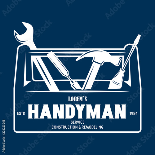 Handyman label, badge, emblem, design element. Tools silhouettes. Carpentry related vector vintage illustration.