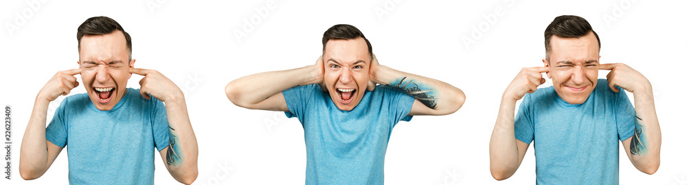 Set of portraits of young guy with closing ears isolated on a white background. Set of portraits of young guy with closing ears isolated on a white background.