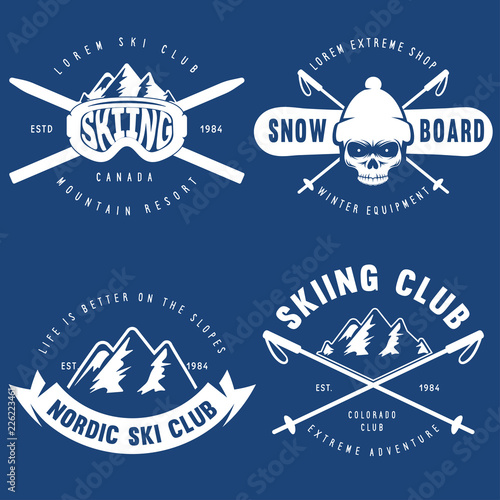 Set of vintage snowboarding, ski or winter sports logos, badges, emblems and design elements. Vector illustration. Color Graphic Art.