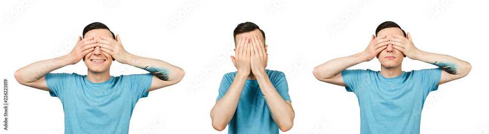 Set of portraits of young guy with closing face with hands isolated on a white background. Set of portraits of young guy with closing face with hands isolated on a white background.