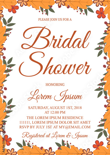 Autumn bridal shower invitation card. Border with colorful leaves and berries. Fall theme bridal party invite. Wedding stationery. Vector illustration.