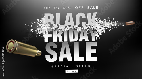 Black Friday sale. Blast wave with flying particles. Shot at prices with a flying bullet, creative template.