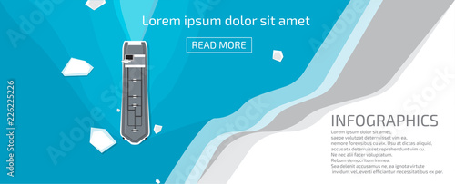A floating dry cargo ship in the sea and the coast of cold geographic latitudes, in the middle of ice and icebergs.