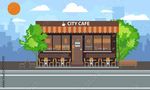 Central cafe building exterior with summer terrace, tables, chairs and trees. City landscape concept Vector flat illustration.