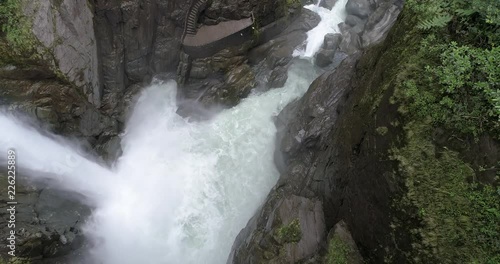 Banos, Ecuador / September 24, 2018 - Drone Pivot From Bottom to Stairs of Pailon del Diablo (Devil's Cauldron).mov