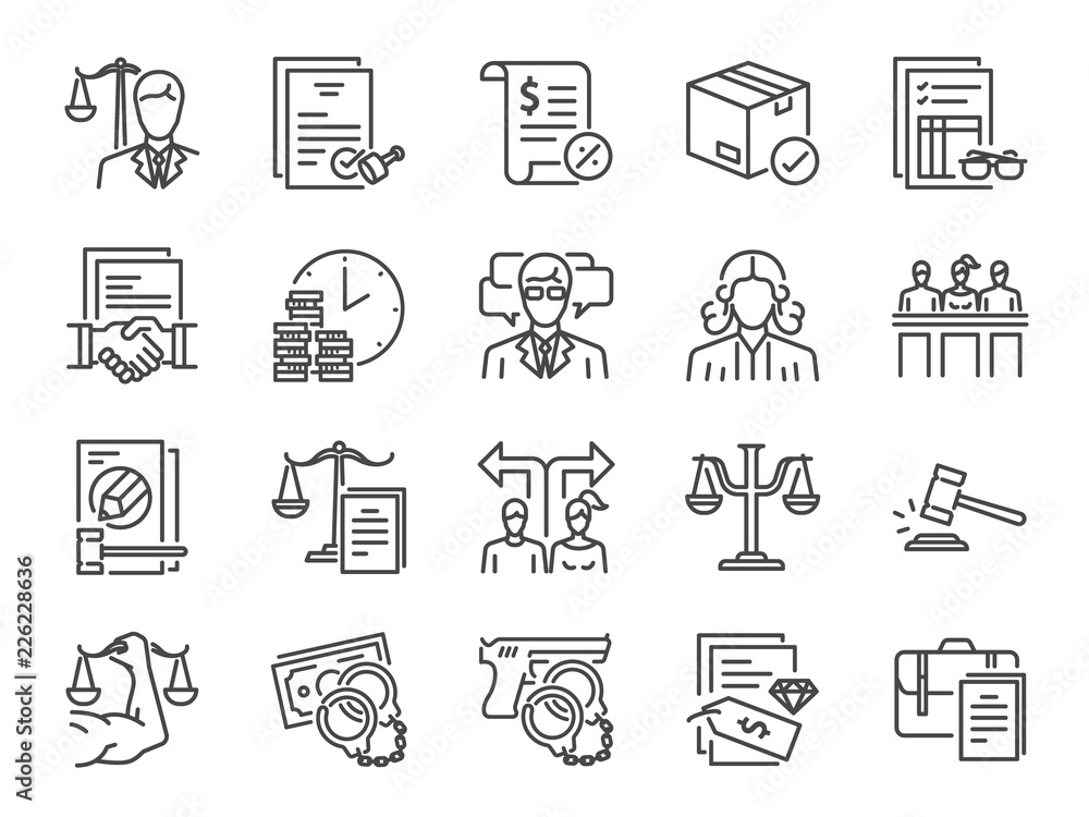 Legal services icon set. Included icons as law, lawyer, judge, court, advocacy and more. Legal services icon set. Included icons as law, lawyer, judge, court, advocacy and more.