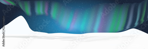 Northern lights over the snow-covered plain. Night starry sky. Northern landscape