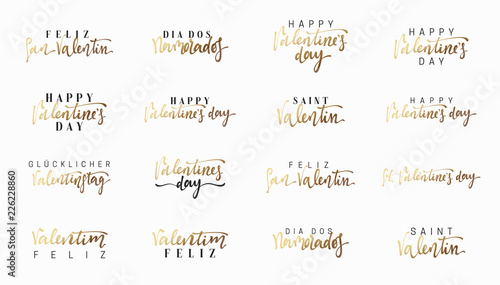 Text of gold lettering for Valentines Day. Lettering in different languages  French  Spanish  German and Portuguese. Emblems design golden and white. Usable for banners  greeting cards