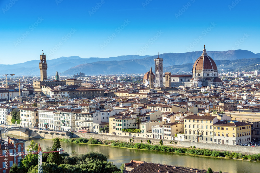 Panoramic view of Florence, Italy viewed from Piazzale Michelangelo before sunset with the view of Arno river.