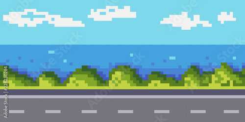 Road for cars, bushes, ocean and sky with clouds grow. Background. Horizontal seamless pattern. Pixel art texture .Vector.