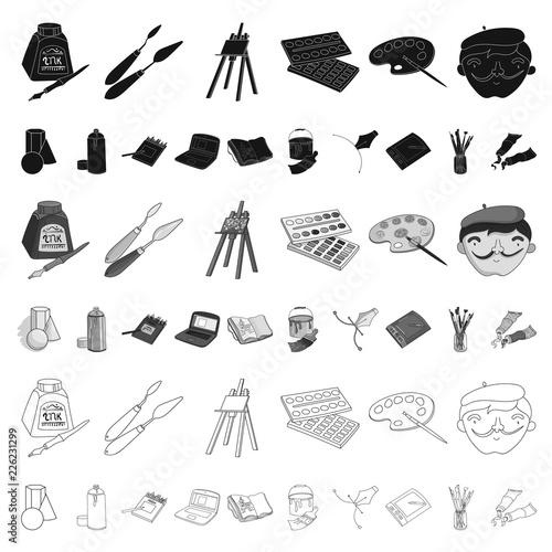Painter and drawing cartoon icons in set collection for design. Artistic accessories vector symbol stock web illustration.