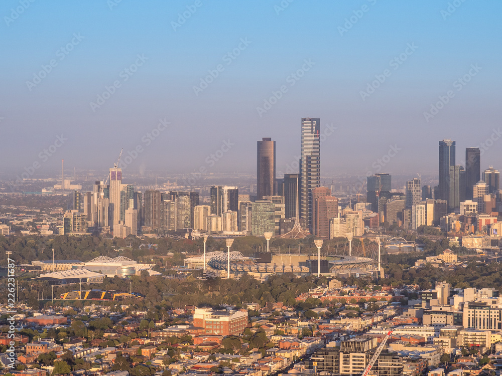 Aerial view above Melbourne's city skyline