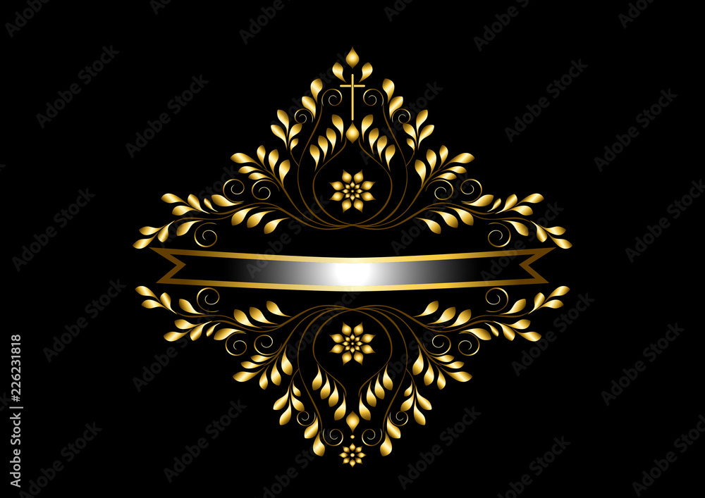 Gold frame with leaf and curled details around silver ribbon with gold frame on black background