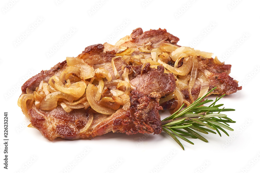 Escalope with fried onion with herbs, isolated on white background. Close-up. Escalope with fried onion with herbs, isolated on white background. Close-up.