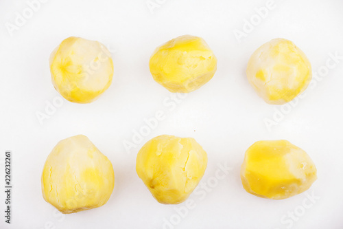 six cleaned potato studio white background 