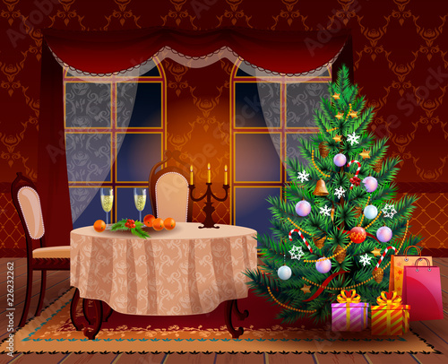 Christmas tree in the living room and holiday dinner with candles. New year decorated interior with spruce.