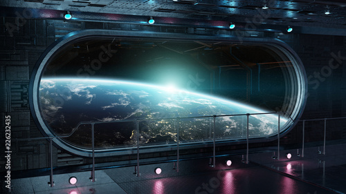 Fototapeta Naklejka Na Ścianę i Meble -  Black tech spaceship round window interior background 3D rendering