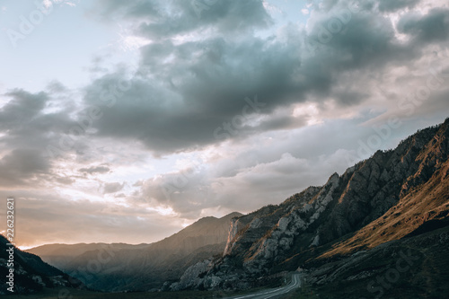 Mountain road in Altai. Sunset in Altay mountains