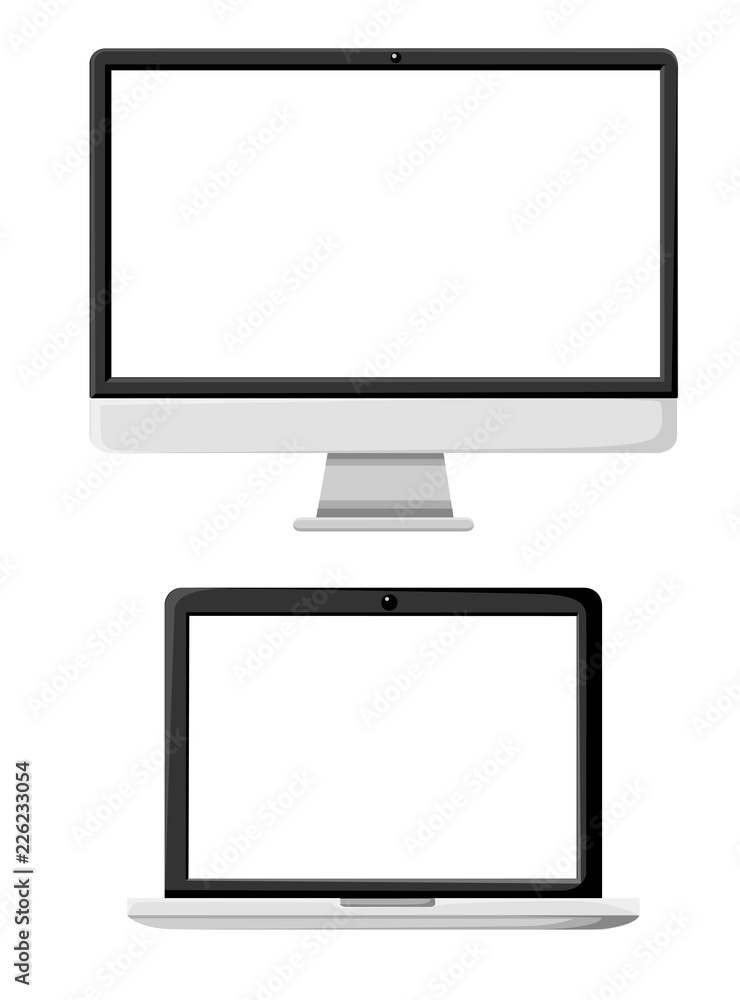 Flat monoblock illustration and laptop. AiO PC. LCD display. Vector illustration isolated on white background Flat monoblock illustration and laptop. AiO PC. LCD display. Vector illustration isolated on white background