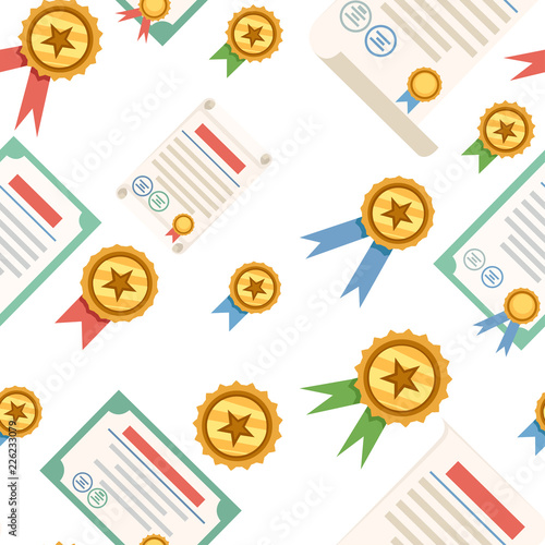 Seamless pattern. Set of certificate icon. Certificate with golden award badge. Flat vector illustration on white background