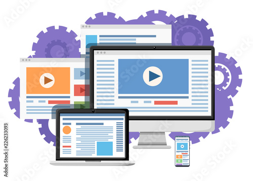 Website development concept. Laptop, monoblock, smartphone compatibility. Flat design style. Vector illustration on white background with gears. Website page and mobile app design