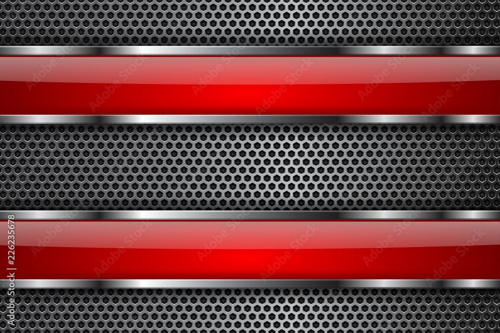 Metal perforated background with red glass plates
