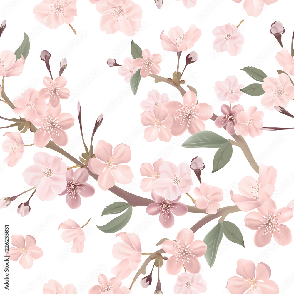 Fototapeta premium Floral retro seamless pattern, cherry or sakura flowers background, pastel vintage illustration in vector