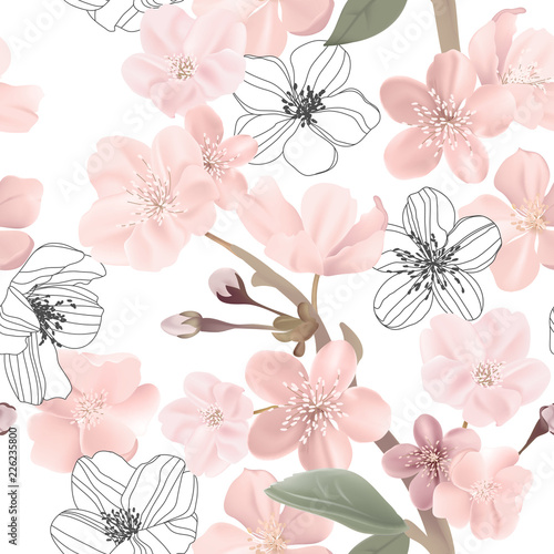 Floral retro seamless pattern, cherry or sakura flowers background, pastel vintage illustration in vector