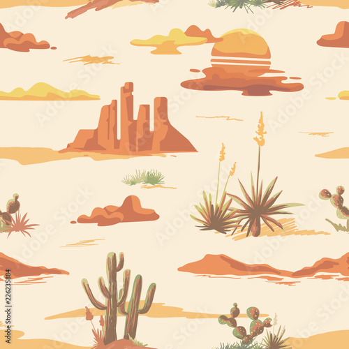 Vintage beautiful seamless desert illustration pattern. Landscape with cactus, mountains, sunset vector hand drawn style background