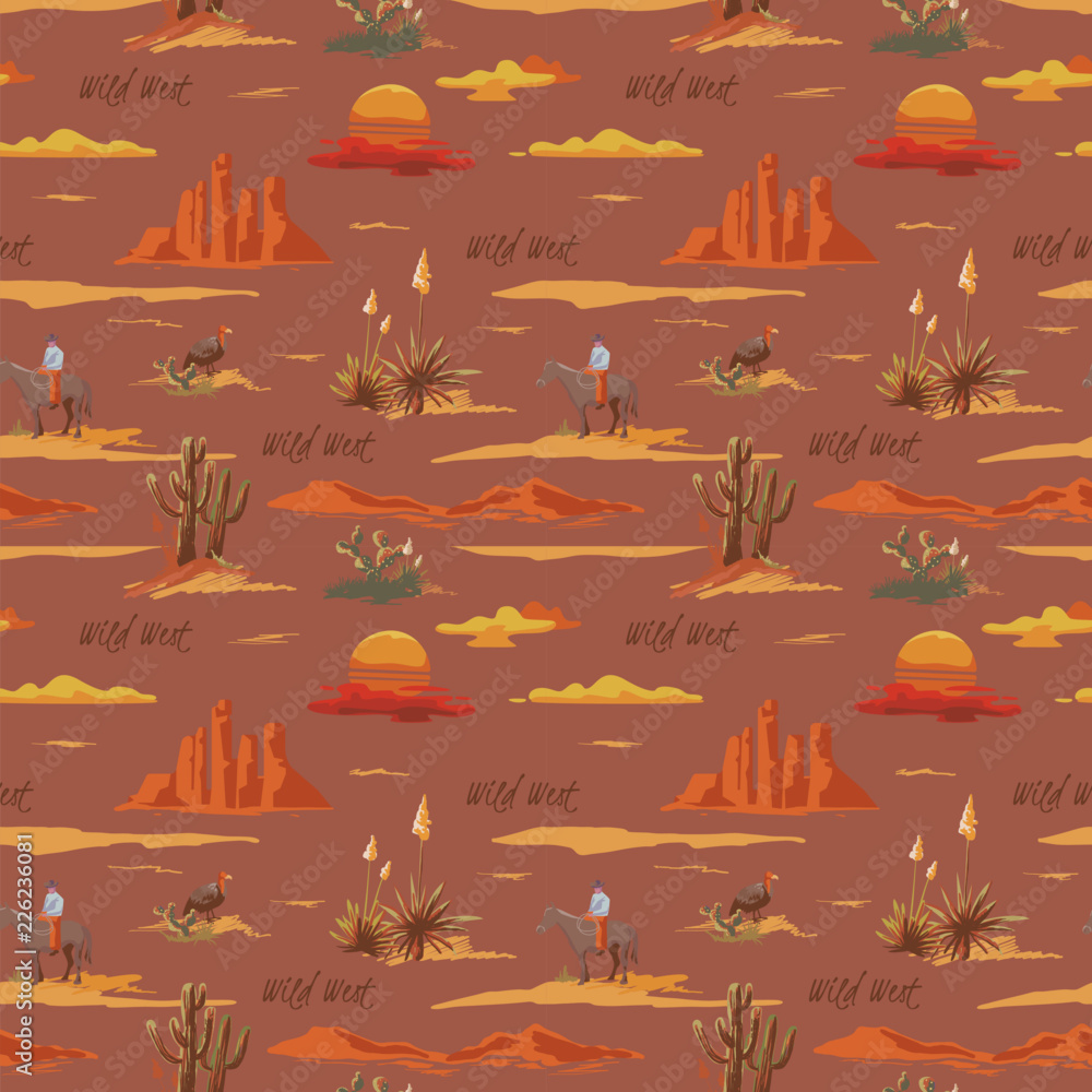 Vintage beautiful seamless desert illustration pattern. Landscape with cactus, mountains, cowboy on horse, sunset vector hand drawn style background