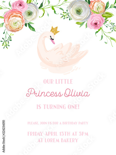 Baby Birthday Invitation Card with Illustration of Beautiful Swan and Flowers, arrival announcement, greetings in vector