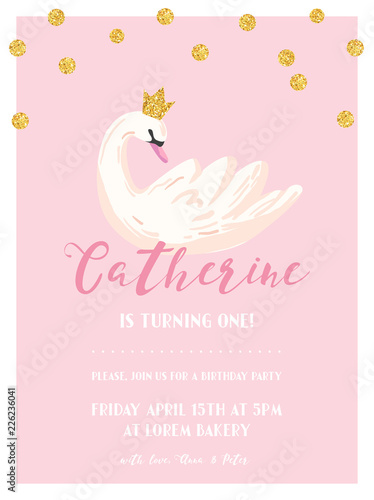 Baby Birthday Invitation Card with Illustration of Beautiful Swan and Golden Glitter Dots, arrival announcement, greetings in vector