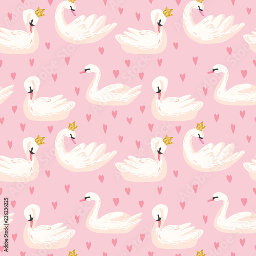 Beautiful Seamless Pattern with white Swans and Hearts, use for Baby Background, Textile Prints, Covers, Wallpaper, Posters. Vector Illustration