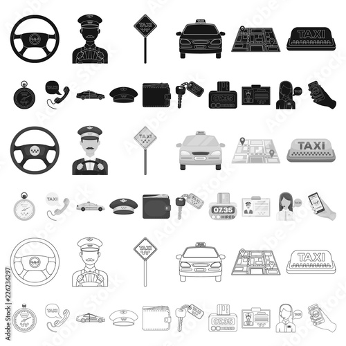Taxi service cartoon icons in set collection for design. Taxi driver and transport vector symbol stock web illustration.