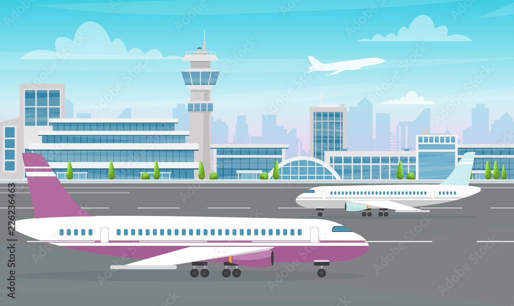 illustration of Airport terminal building with big plane and aircraft taking off on modern city background. Flat cartoon style. illustration of Airport terminal building with big plane and aircraft taking off on modern city background. Flat cartoon style.