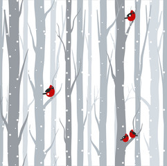 Stickers Berken patronen Grijze berken en rode vogels winter  © Natalia