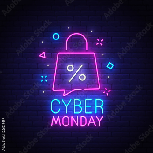 Cyber Monday neon sign, bright signboard, light banner. Discount, night sale logo, emblem. Vector illustration