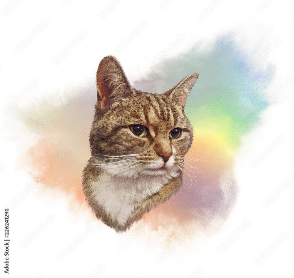 Cute striped cat. Realistic watercolor portrait of a pet. Drawing of cat  with green eyes executed in watercolor. Good for print pillow, T-shirt. Art  background for pet shop. Hand painted illustration Stock