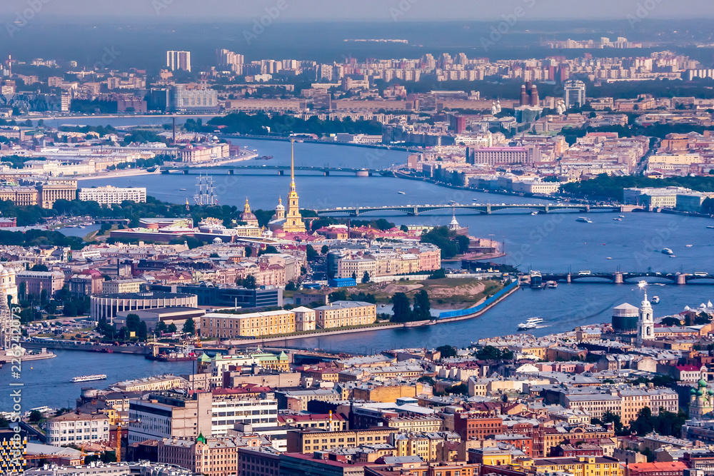 Saint-Petersburg. Panorama of St. Petersburg. Petersburg from a bird's eye view. Dominant of Saint-Petersburg. Spire of the Peter and Paul Fortress.