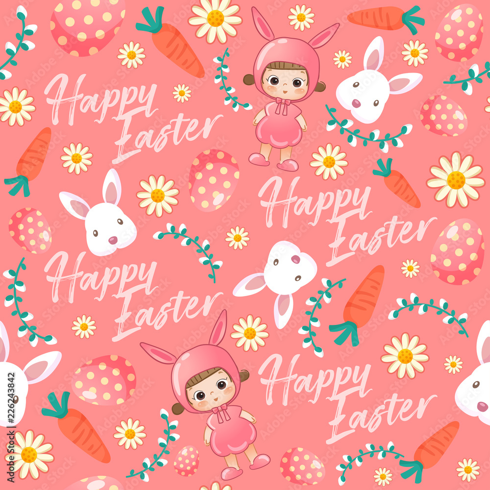 Baby girl in easter costume surrounding with easter colorful elements for Easter Card Template : Seamless Pattern : Vector Illustration