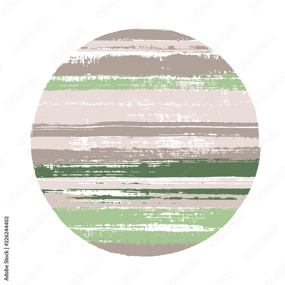 Hipster circle vector geometric shape with stripes texture of ink horizontal lines. Disk banner with old paint texture. Stamp round shape logotype circle with grunge stripes background.
