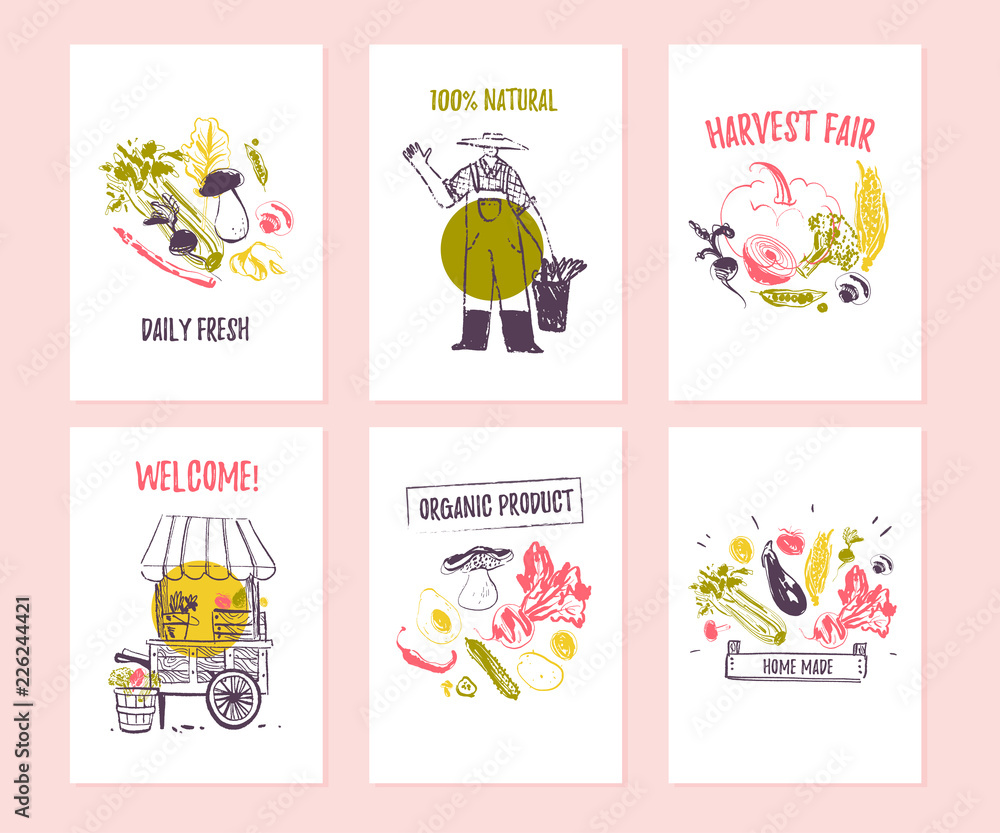 Vector set of hand drawn cards for food festival, farmers market and harvest fair with cute hand drawn sketch food elements - vegetables, farmer, stall. Good for price tags, banners, advertising, menu