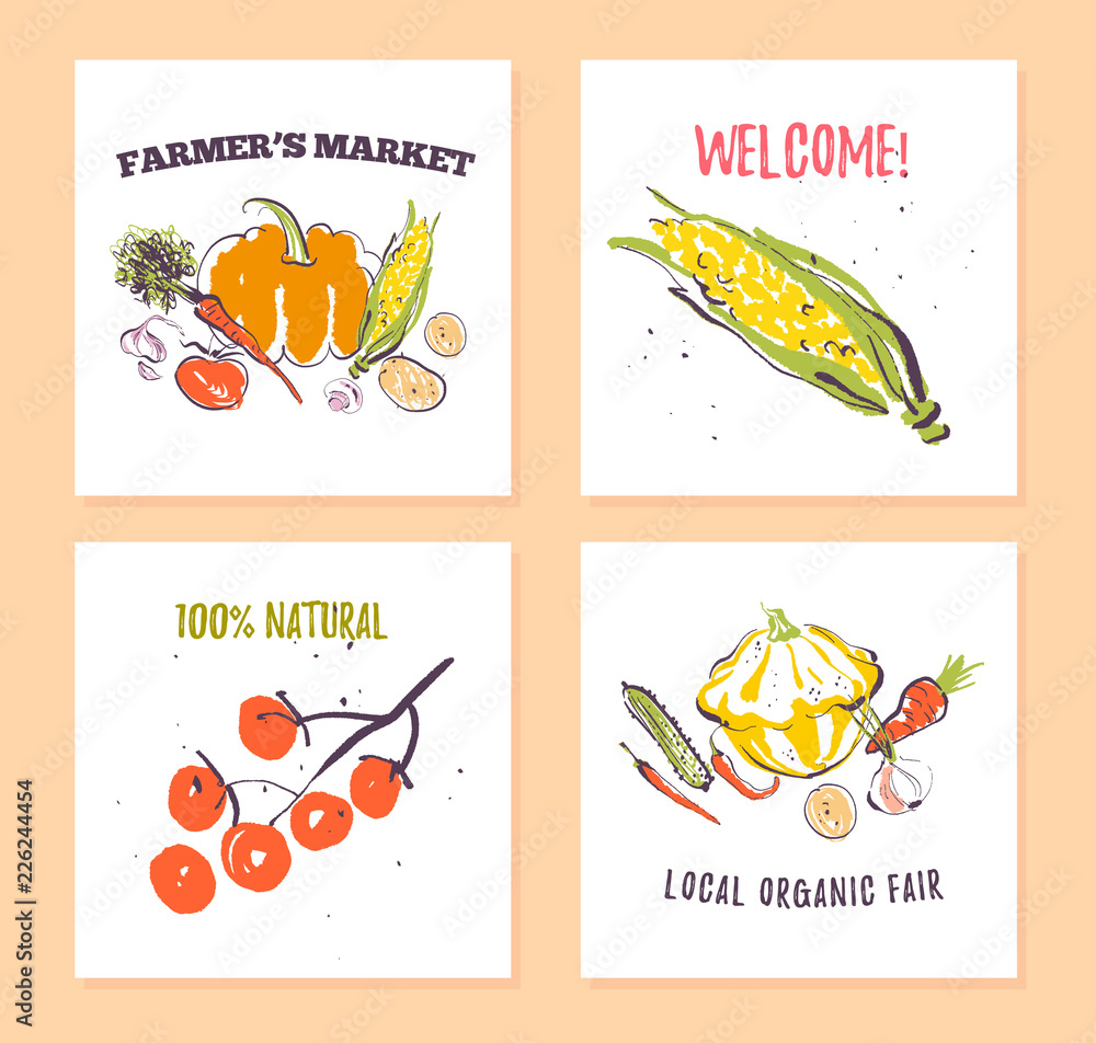 Vector set of hand drawn cards for food festival, farmers market and harvest fair with fresh hand drawn sketch food elements - vegetables. Good for price tags, banners, advertising, menu, package etc.