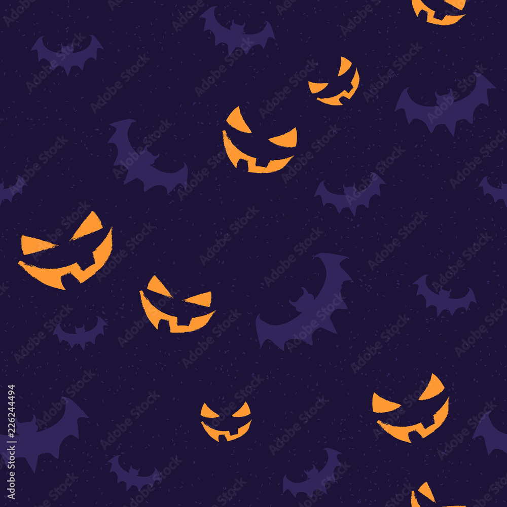 Seamless pattern with orange halloween smile and bat in stamp style. Vector illustration for holiday, print, banner or posters. Halloween background for decoration. Seamless pattern with orange halloween smile and bat in stamp style. Vector illustration for holiday, print, banner or posters. Halloween background for decoration.