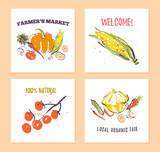 Vector set of hand drawn cards for food festival, farmers market and harvest fair with fresh hand drawn sketch food elements - vegetables. Good for price tags, banners, advertising, menu, package etc.