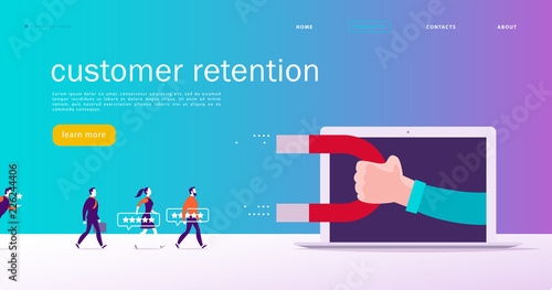 Vector web page concept design, customer retention theme. People give star rating positive feedback, human hand, magnet. Landing page mobile app site template. Business illustration. Inbound marketing