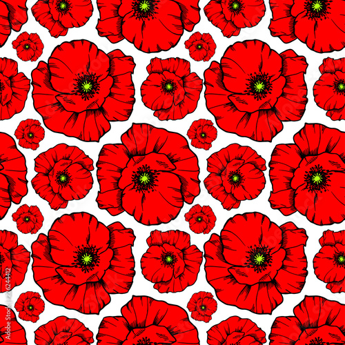 Seamless textile pattern with a red poppy flower on a white background.