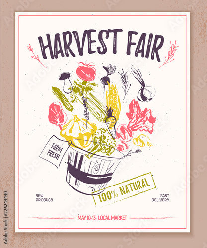 Vector farmers market banner with hand drawn sketch basket full of raw vegetables splashing out. Good for farmers market & food fair banners and advertisements, menu, packaging, price tags etc.